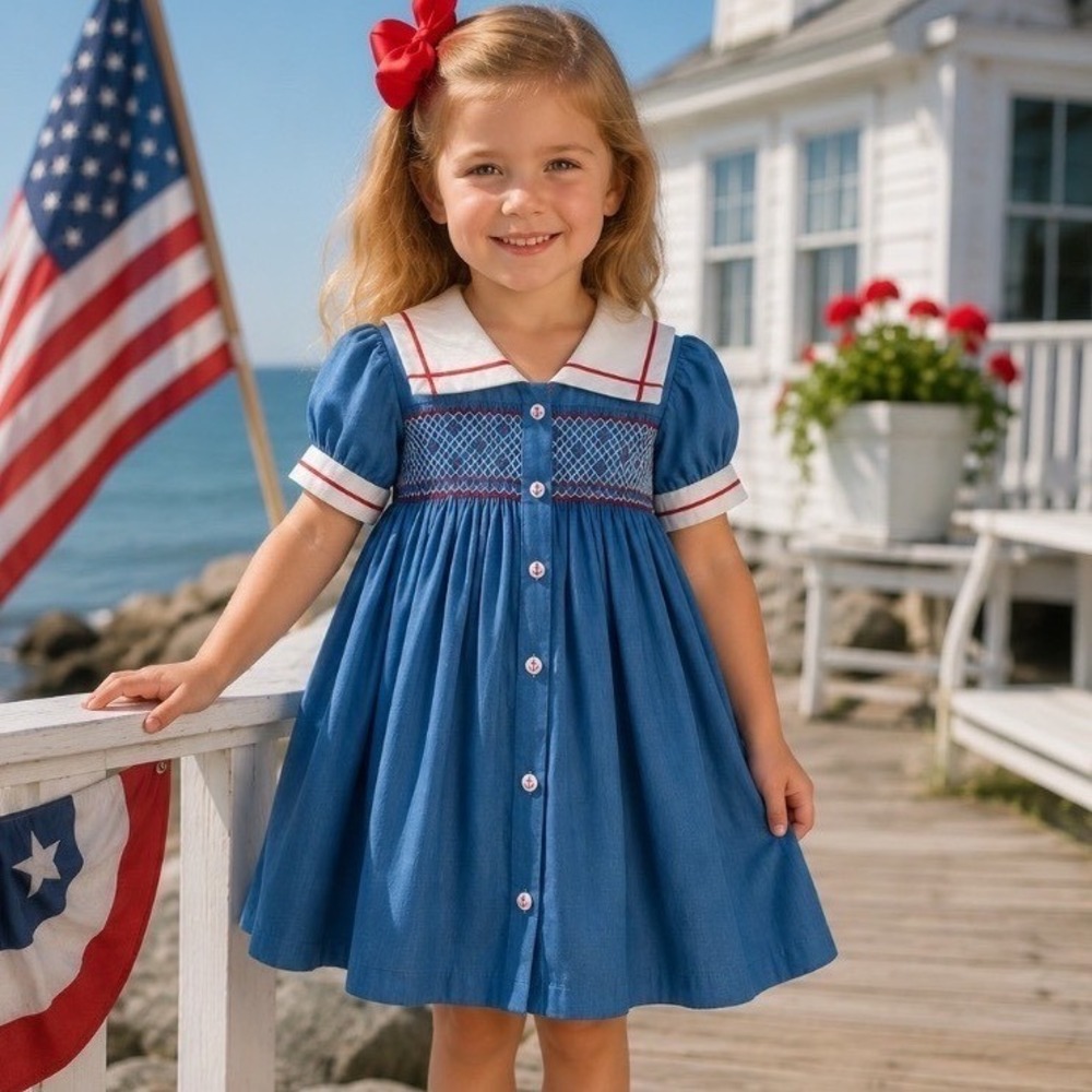 Girls Blue Smocked Sailor Dress Nautical Red  handmade Sz 5 Patriotic